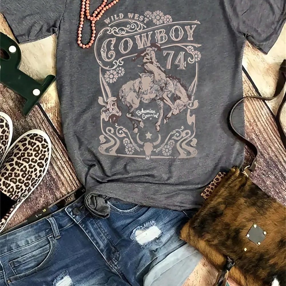 WOMENS WILD WEST COWBOY TEE SHIRT - Picture 2 of 4